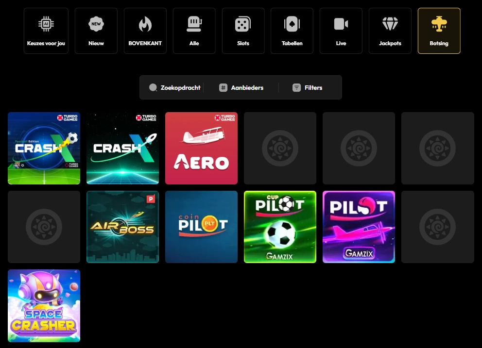 Crash Games-categorie van Slotorado Casino met Crash X, Aero, Pilot en andere spellen