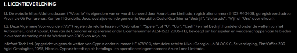 Licentiegegevens van Slotorado Casino volgens de algemene voorwaarden