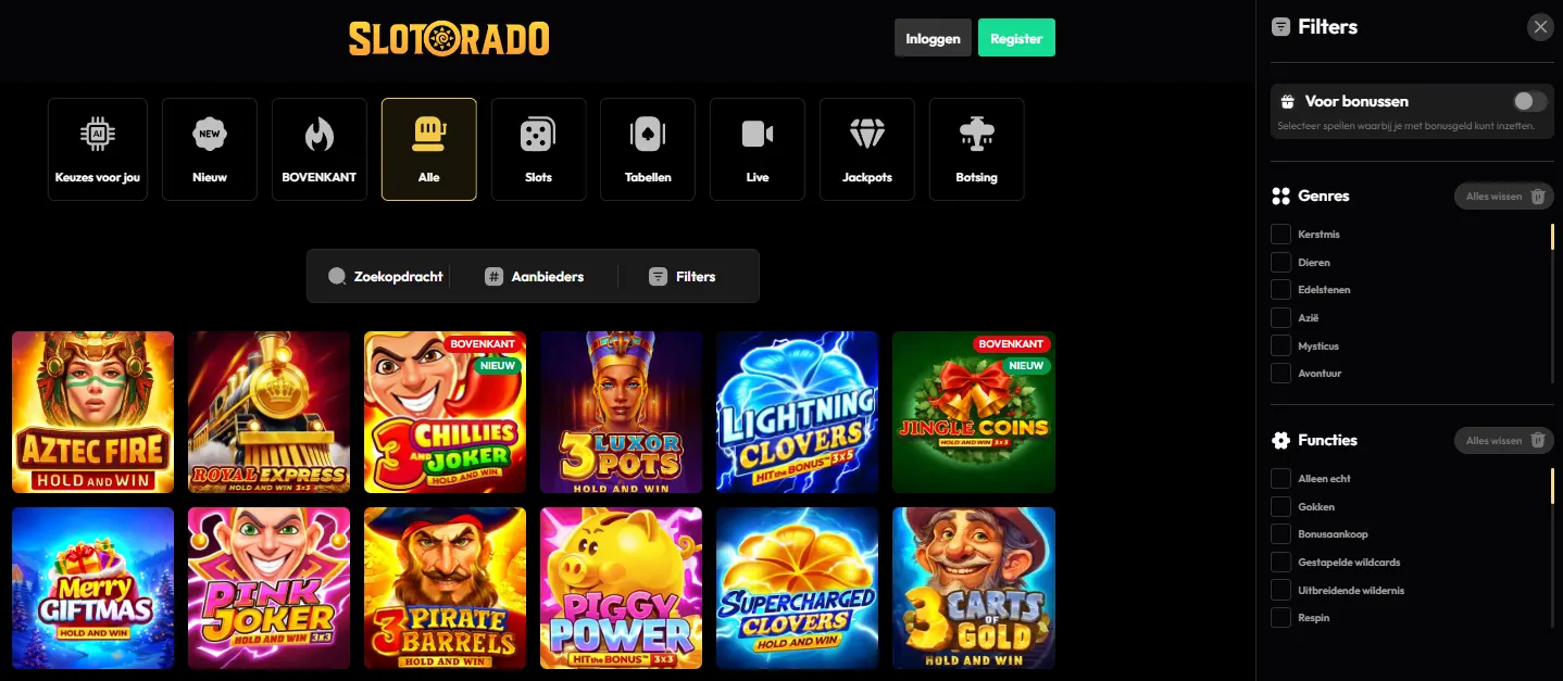 Spelaanbod van Slotorado Casino met categorieën, zoekfunctie en spelfilters