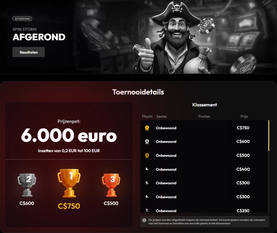 Prijzenpot en klassement van het Spin Storm-toernooi bij Slotorado Casino