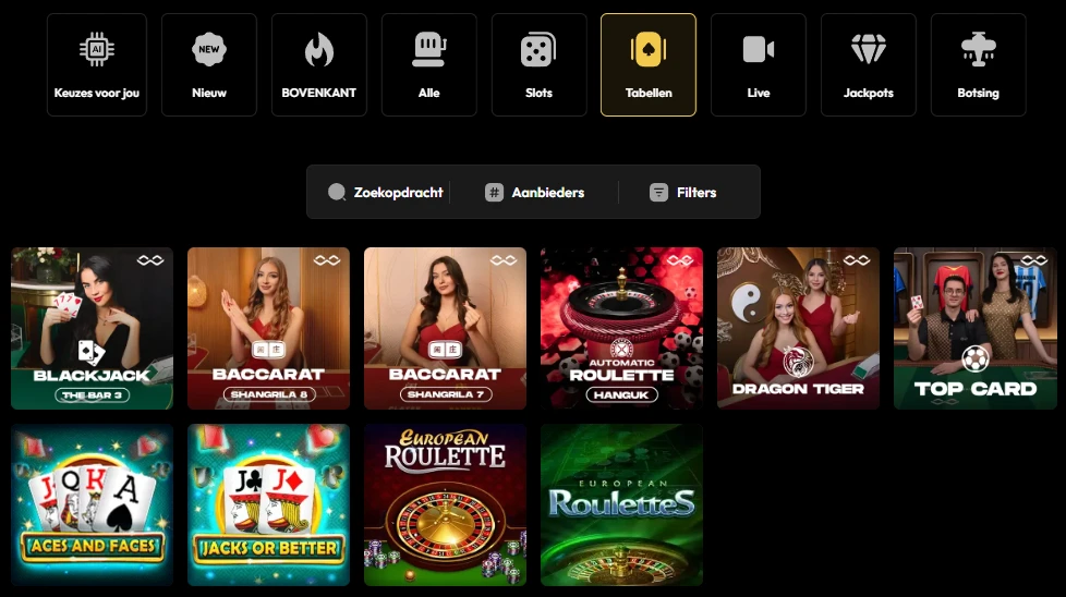 Tafelspellen bij Slotorado Casino met blackjack, baccarat, roulette, poker en Dragon Tiger